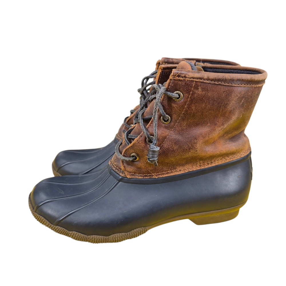 Sperry Saltwater Duck Boots Womens 8.5 Tan Navy Leather Waterproof
